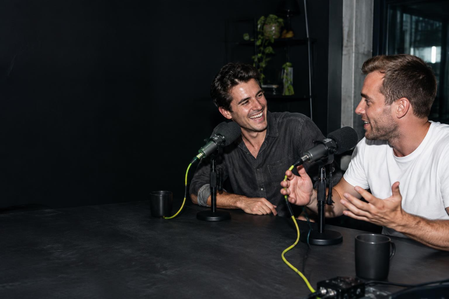 Zwei Gesprächspartner an Mikrofonen im FounderBros-Studio